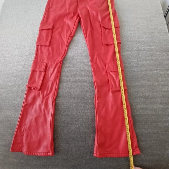 Valabasas Stacked Faux Leather Cargo Pants Mens 36x36 Matte Red Banjo Flared Leg